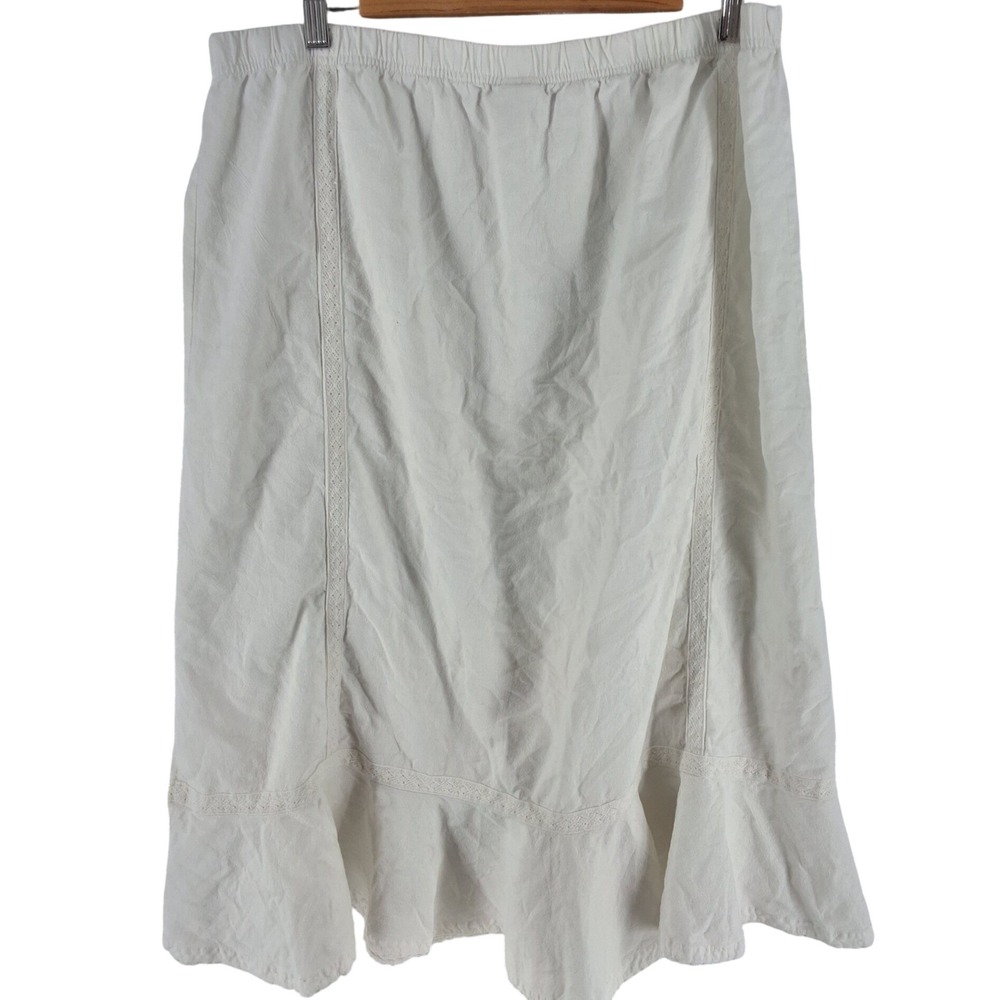 Blair White Cotton Lace Trim Midi Skirt Womens XL Elastic Waist Peasant Boho